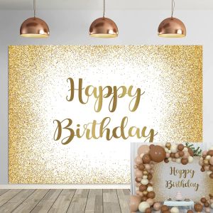 Gold Glitter Happy Birthday Backdrop Polyester Photo Booth Background for Theme Birthday Party Decoration Supplies