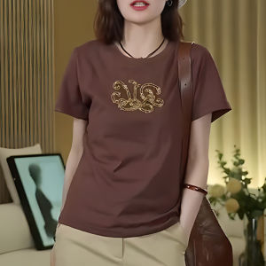 Pure Cotton Short Sleeve T-Shirt Womens Embroidered Casual Versatile Thin round Neck Summer New Style Korean Version Straight Cut