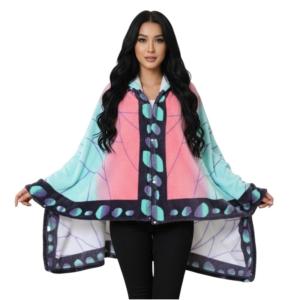 Japanese Cartoon Geometric Print Hooded Wearable Blanket Soft Flannel Cape Cozy Warm Throw Poncho Lightweight Plush Shawl Adult