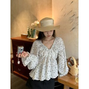 Korean Style White Floral V-Neck Tie-Shirt Loose and Slender