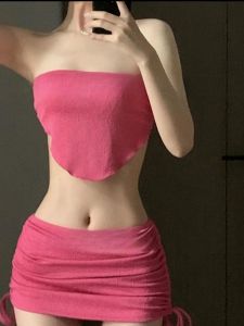 HAYOU | Purist Style Internet Celebrity Pink Bikini Set Skirt Padded