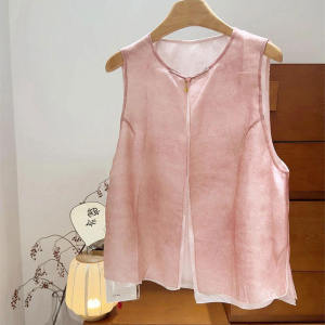 New Chinese Style Light Weight round Neck Vest with Button Design Traditional National Fashion Commute Shirt No Sleeve
