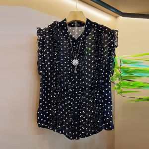 plus Size Summer Casual Polka Dot Design French Style Blouse Loose Fit Sleeveless Stand Collar Cover up Slimming Trendy Chiffon Top