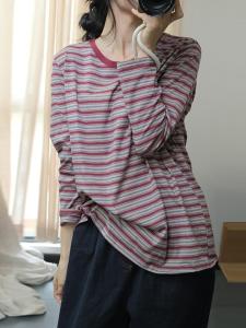 Mori Original Autumn Hong Kong Style Casual Striped T-Shirt Loose Commuter Versatile Cotton Long Sleeve round Neck Top