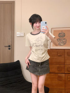 Sweet Girl Short Sleeve T-Shirt Korean Style Commute Cotton Blend Summer Freshness Versatile Short Shoulder Fit round Neck Top