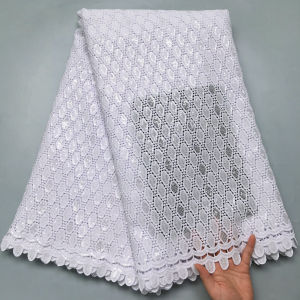 Pure White African Guipure Cord Lace Fabric Delicate Floral Pattern Embroidered Sequins Lace Trim For Wedding Dress/Costume