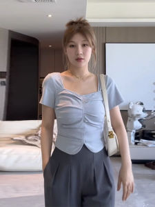 เสื้อยืดคอกว้างทรงสลิมฟิตสำหรับผู้หญิง แขนสั้น ทรงเข้ารูป ทรงเข้ารูป แขนสั้น สไตล์เกาหลี เสื้อผ้าทำงานฤดูร้อน