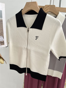 Polo Collar Ice Silk Knitted Top Women Summer Short Double Zipper Open Cardigan Short Sleeve Thin Base Layer Outerwear Shirt