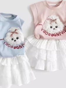 Girls Cartoon T-Shirt Short Sleeve Casual Summer Outfit Set with Cake Skirt Two-Piece Ensemble Korean Style Childrens Clothing
