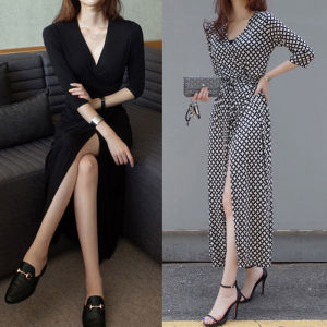 Váy Đen Dài Ôm Vừa Vặn Cổ Chữ V Co Giãn Cao Cấp Mới 2026 Váy Midi Chữ a Cạp Cao Mùa Hè Cho Nữ