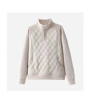 Winter Thickened Fleece Diamond Pattern Button Stand Collar Slim Fit Versatile Sweatshirt Womens Long Sleeve Casual Top