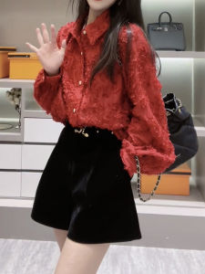 Red Retro Lapel Long Sleeve Shirt Female Fall and Winter Fancy Loose Lantern Sleeve Shirt Stylish Elegant Tops