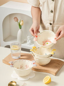 Bộ Bát Sứ Trang Trí Nhà Bếp Vẽ Tay Dễ Thương Bộ Đồ Ăn Trưa Bằng Sứ Có Hai Tai Thiết Kế Hình Hoa Cho Phụ Nữ Bộ Bát Đựng Salad