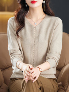 Áo Len Dệt Kim Dài Tay Thời Trang Cho Phụ Nữ Trung Niên Áo Khoác Ngoài Mùa Thu Đông Áo Sơ Mi Cơ Bản Áo Len Cổ Chữ V Màu Trơn