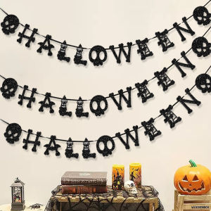 1.5M Happy Halloween Banner Pull Flag Trick or Treat Skull Pattern 2024 Halloween Theme Party Home Fireplace Decoration Supplies