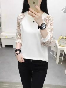 เสื้อยืดคอกลมแขนยาวผ้าถักลายลูกไม้ระดับไฮเอนด์สำหรับผู้หญิง เสื้อชั้นในสั้น เสื้อชั้นในแบบอเนกประสงค์สำหรับฤดูใบไม้ผลิและฤดูร้อน