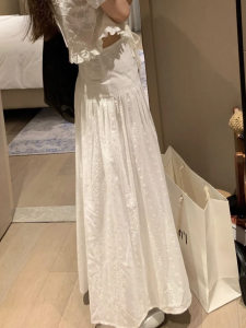 XUECAIQI | Design Embroidery Ruffle Sleeve Shirt & Long Flared Skirt Set