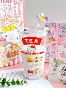 HelloKitty Glass Straw Water Cup Creative Birthday Gift for Girls Cute Pink Cartoon Anime Contemporary Straight Body Cup 400ml