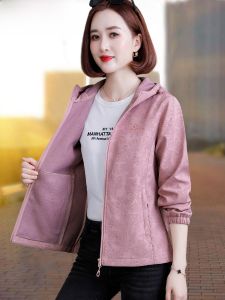 Thickened Fleece Womens Jacket Soft Shell Coat Spring Autumn Zipper Closure Hooded Floral Patterned Casual Outerwear