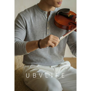 UBV | Half Placket Henry Collar Rib Knit Long Sleeve T-shirt