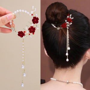 【PrettySet】New Retro Rose Flower Tassel Hairpin Fixed Plate Pearl Ponytail Luxury Hair Clips Decorative Hair Accessories