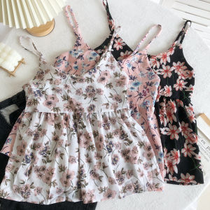 Summer Korean Style Floral Print Halter Neck Short Sleeveless Base Layer Top Sweet Fresh Vacation Vibes Commute Friendly