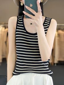 พลัสไซส์ ผู้หญิง ลายทาง ถัก สลิมฟิต แขนกุด ด้านบน ฤดูร้อน ชั้นฐานสวมใส่ด้านใน เสื้อกล้าม สบาย ระบายอากาศได้ดี ลำลอง