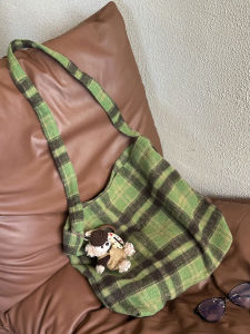 Retro Green Plaid Woolen Commuter Bag Large Capacity Shoulder Crossbody Bag for Students Women Korean Style Canvas Tote Bag