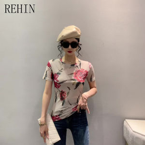 REHIN Summer New fashion mesh printed short-sleeved T-shirt round-neck slim-fit trendy top with floral pattern women blouse