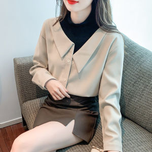 Fashionable Ladies Long Sleeve Faux Two-Piece Base Shirt Spring Autumn Winter New Style Elegant Brushed Top Loose Fit Pure Color