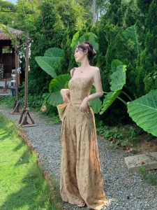 Elegant Vintage Print Fashionable Sleeveless Strapless High Waist Casual Wide Leg Pants Two Piece Set for plus Size Women