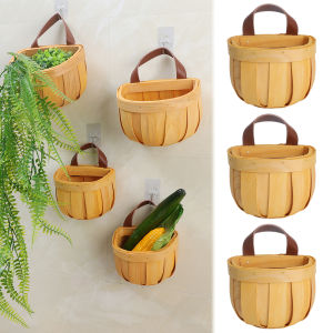 Wall Mounted Woven Storage Baskets with Handle Mini Kitchen Wooden Hanging Basket Rattan Container Fruit Sundries Organizer
