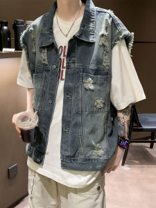 Retro Raw Hem Ripped Short Denim Mens Vest Spring Summer Trendy Washed All-Match Street Sleeveless Waistcoat Tops