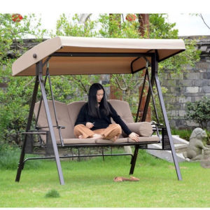 KIMDELIN 3-Seat Deluxe Outdoor Patio Porch Swing พร้อมโครงเหล็กทนต่อสภาพอากาศหลังคาเอียงปรับได้หมอนอิงและหมอนรวมอยู่ด้วย