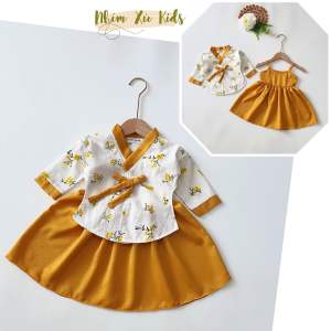 Sét Váy Hanbok Đỏ Kèm Áo Khoác Và Nón Chất Lụa Ướt Cho Bé Gái 4 Đến 18kg V035