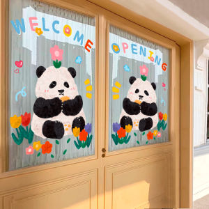Panda Flower Glass Stickers Milk Tea Dessert Clothing Store Window Decorative Cartoon Creative PVC Wall Decals Waterproof