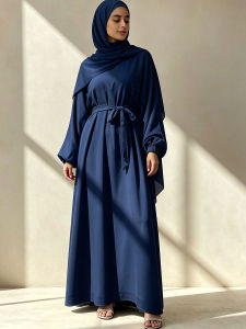Muslim Women Abaya Dress Set With Hijab Bubble Elastic Sleeve Side Pocket Loose Long Robe Dubai Turkey Islamic Modest Maxi Dress