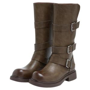 Josiny | Desert Style Western Cowboy Boot Women Mid-calf Brown Leather Strap Boots