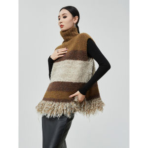 XIAODADEHUA | Vintage Style Tassel Color Block Striped Two-way Knit Vest