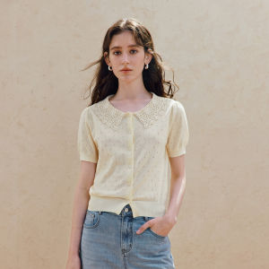 INMAN | 100 Xinjiang Cotton Lace Knit Top Short Sleeve Summer Womenswear