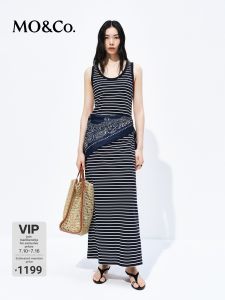 MO&Co. | Black and White Stripe Tank Long Dress With Scarf Cotton