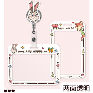 Cute Couple Dual-Sided Transparent Card Holder Judy Nickel Work Badge Horizontal Campus Meal Card Healthcare Staff Lanyard Retractable Spring Ring Hard Shell Keychain