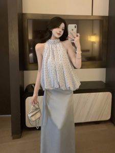 GUZILIAN | French Dot Halter Neck Pure Desire Womens Summer Top Elegant Sweet Satin Mini Dress Two Piece Set Fashionable Commute Style