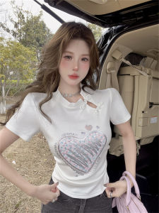 GUZILIAN | New Chinese Style Shirt Collar Short Sleeve Womens T-shirt Slim Fit Heart Print Summer New Style Commute Style Pear Body Type