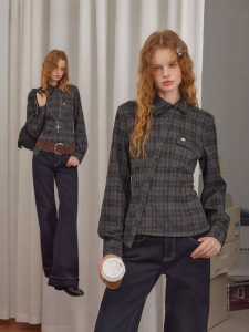 unifree | Áo Sơ Mi Tay Dài Thiết Kế Gingham Không Đều Phong Cách Học Thuật