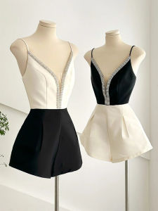 Elegant Classic Style Rhinestone Chain Suspender Jumpsuit Womens Summer New Arrival Korean Style Sweet and Spicy Contrast Color Capable Wide Leg Shorts