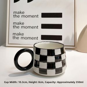 Black White Ceramic Coffee Milk Cup Nordic Style Geometric Pattern Retro Handmade Home Use Water Mug with High End Feeling