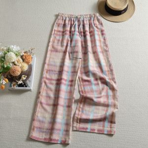 XMO | Design Fashion Linen Casual Pants Thin Grid Elastic Waist Loose Trousers