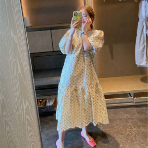 Summer New plus Size Womens Dress French Loose Green Polka Dot Bubble Sleeve Hemline Long Skirt V Neck a Line Silhouette
