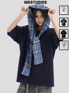 Cool Feeling Space Cotton Two-tone Plaid Hooded T-shirt